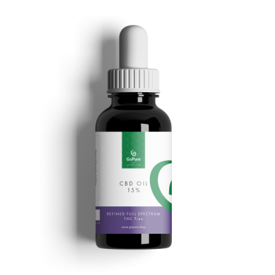 Afbeelding van een fles met GoPure 5% geraffineerde full-spectrum CBD-olie met 1500mg CBD en 0% THC.