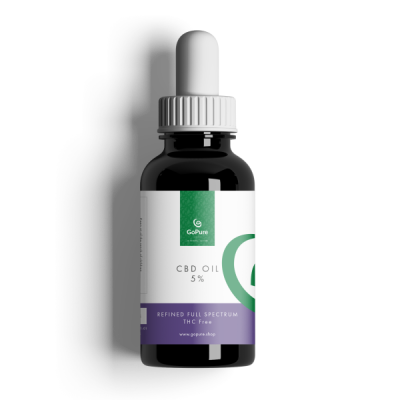 Immagine di una bottiglia con olio di CBD a spettro completo raffinato al 5% GoPure con 500 mg di CBD e 0% di THC.