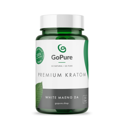 White Maeng da Kratom capsules in a 50 count capsules in a green and transparent jar with a safety cap.