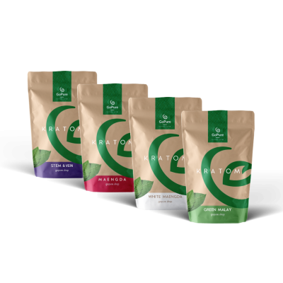 GoPure Kratom Summer Survival Kit â€” four pouches: Stem & Vein, Maeng Da, White Maeng Da and Green Malay