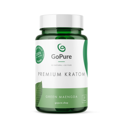 Premium GoPure.shop Green Maeng Da Capsules with 600mg of kratom in each.